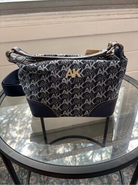 Patterned Navy Crossbody Bag with Gold Logo